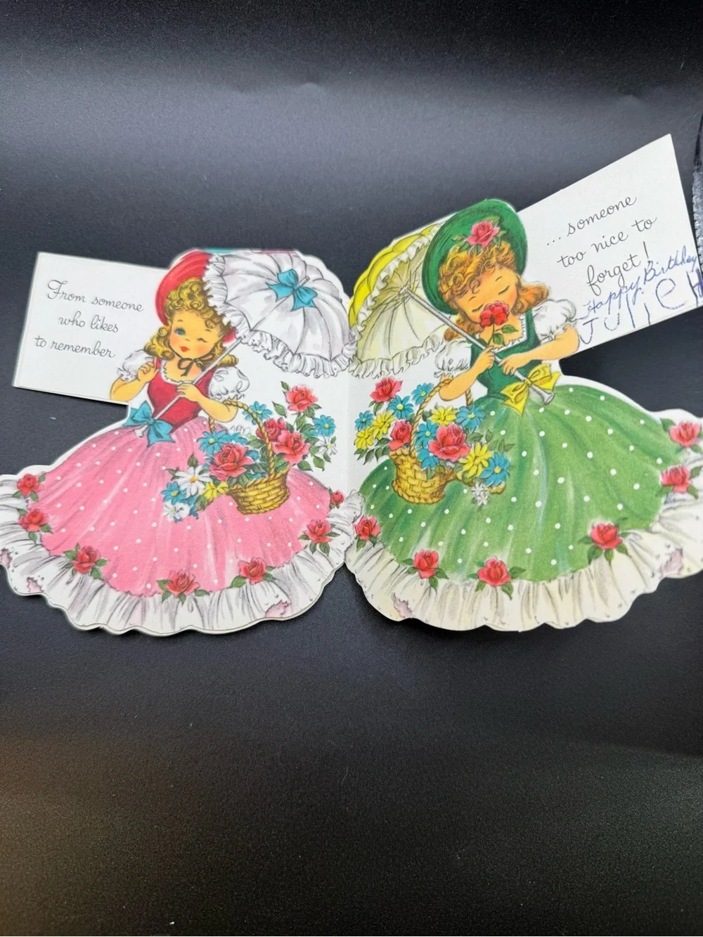 #2151 Vintage 40s “A Birthday Greeting” 3-Southern Belles Parasol Greeting Card